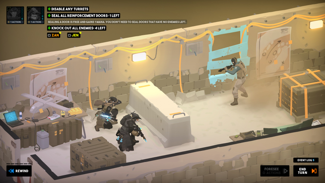 Screenshot of Jen and Zan crouching in front of an enemy.